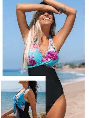 Bundle 2 NWT Cupshe Floral Halter One-Piece Swimsuits with Black Bottom